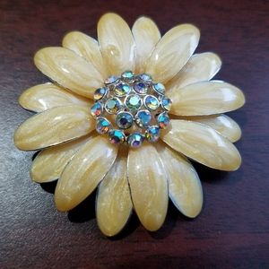 Vintage Enamel Brooch Signed TC, Aurora Borealis, Rhinestones Flower Pin